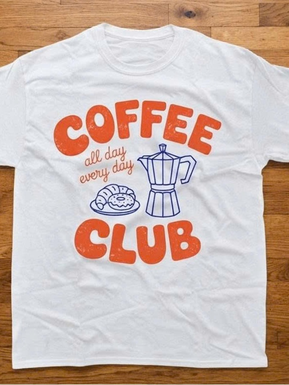Coffee Club Graphic Tee with Orange & Blue Print